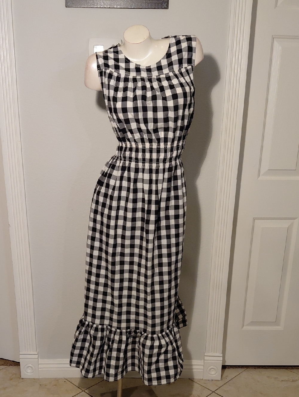 Black and White Gingham Sleeveless Ruffle-Hem Dress - Picture 1 of 5